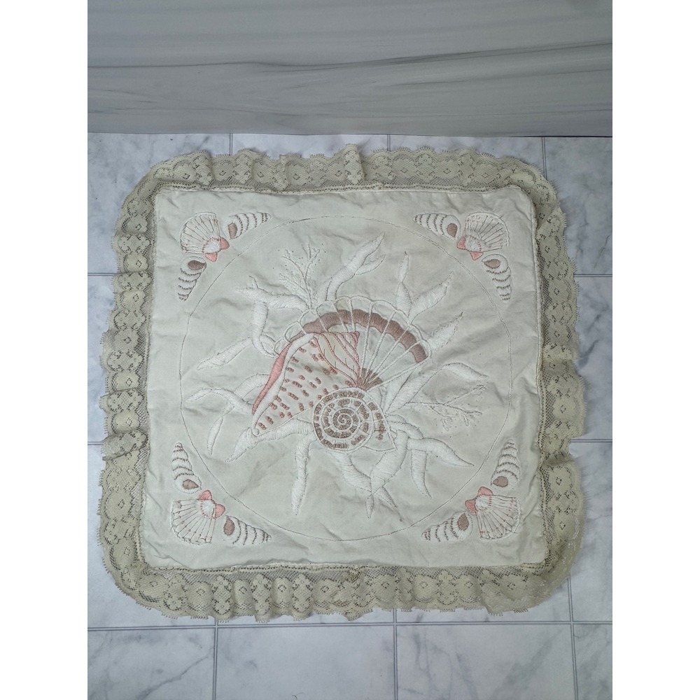 Vintage Seashell Embroidered Pillow Cover Cream Lace Ruffle Coastal Decor 15x15